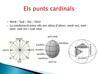    Nord / Sud / Est / Oest
   La combinació entre ells ens dóna d’altres: nord-est, nort-
    oest, sud-est i sud-oest
 