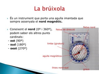    És un instrument que porta una agulla imantada que
    sempre assenyala el nord magnètic.

                                                         fletxa nord
 Coneixent el nord (0º i 360º), fletxa de direcció
  podem saber els altres punts
  cardinals:
- est (90º)
                            limbe (giratori)
- sud (180º)
- oest (270º)

                          agulla magnètica




                                 línies nord-sud
                                                         graus
 
