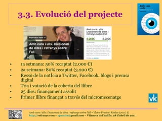 3.3. Evolució del projecte 1a setmana: 50% recaptat (2.000 €) 2a setmana: 80% recaptat (3.200 €) Ressò de la notícia a Twitter, Facebook, blogs i premsa digital Tria i votació de la coberta del llibre 25 dies: finançament assolit Primer llibre finançat a través del micromecenatge 