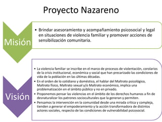 Proyecto Nazareno
         • Brindar asesoramiento y acompañamiento psicosocial y legal
           en situaciones de violencia familiar y promover acciones de
Misión     sensibilización comunitaria.




         • La violencia familiar se inscribe en el marco de procesos de violentación, corolarios
           de la crisis institucional, económica y social que han precarizado las condiciones de
           vida de la población en las últimas décadas.
         • En el orden de lo cotidiano y doméstico, el hablar del Maltrato psicológico,
           Maltrato físico, Maltrato sexual y/o Maltrato económico, implica una
           problematización en el ámbito público y no en privado.

Visión   • Proponemos pensar las violencias en el ámbito de los derechos humanos a fin de
           desnaturalizar los patrones socioculturales que la generan y permiten.
         • Pensamos la intervención en la comunidad desde una mirada crítica y compleja,
           tienden a generar el empoderamiento y la acción transformadora de distintos
           actores sociales, respecto de las condiciones de vulnerabilidad psicosocial.
 