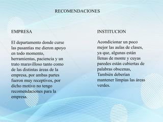 RECOMENDACIONES
EMPRESA
El departamento donde curse
las pasantías me dieron apoyo
en todo momento,
herramientas, paciencia y un
trato maravilloso tanto como
de las distintas áreas de la
empresa, por ambas partes
fueron muy receptivos, por
dicho motivo no tengo
recomendaciones para la
empresa.
INSTITUCION
Acondicionar un poco
mejor las aulas de clases,
ya que, algunas están
llenas de monte y cuyas
paredes están cubiertas de
palabras obscenas,
También deberían
mantener limpias las áreas
verdes.
 