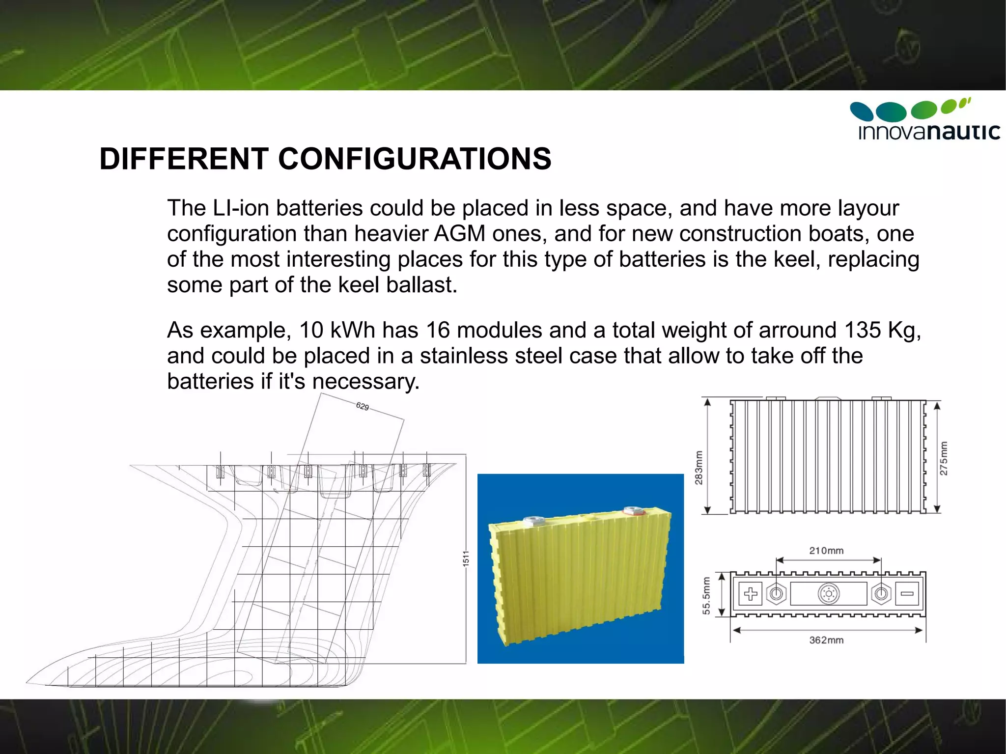 DIFFERENT CONFIGURATIONS
   The LI-ion batteries could be placed in less space, and have more layour
   configuration than heavier AGM ones, and for new construction boats, one
   of the most interesting places for this type of batteries is the keel, replacing
   some part of the keel ballast.
   As example, 10 kWh has 16 modules and a total weight of arround 135 Kg,
   and could be placed in a stainless steel case that allow to take off the
   batteries if it's necessary.
 