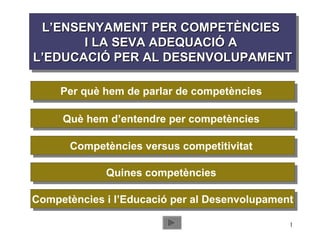 L’ENSENYAMENT PER COMPETÈNCIES  I LA SEVA ADEQUACIÓ A  L’EDUCACIÓ PER AL DESENVOLUPAMENT Per què hem de parlar de competències  Què hem d’entendre per competències  Competències versus competitivitat  Quines competències  Competències i l’Educació per al Desenvolupament 