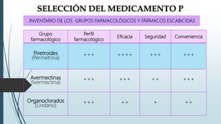 SELECCIÓN DEL MEDICAMENTO P
Grupo
farmacológico
Perfil
farmacológico
Eficacia Seguridad Conveniencia
Piretroides
(Permetrina)
+++ ++++ +++ +++
Avermectinas
(Ivermectina)
+++ +++ ++ +++
Organoclorados
(Lindano)
+++ ++ + ++
INVENTARIO DE LOS GRUPOS FARMACOLÓGICOS Y FÁRMACOS ESCABICIDAS
 