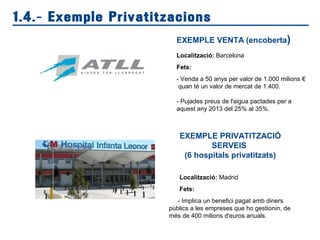 1.4.- Exemple Privatitzacions
EXEMPLE PRIVATITZACIÓ
SERVEIS
(6 hospitals privatitzats)
Localització: Madrid
Fets:
- Implica un benefici pagat amb diners
públics a les empreses que ho gestionin, de
més de 400 milions d'euros anuals.
EXEMPLE VENTA (encoberta)
Localització: Barcelona
Fets:
- Venda a 50 anys per valor de 1.000 milions €
quan té un valor de mercat de 1.400.
- Pujades preus de l'aigua pactades per a
aquest any 2013 del 25% al 35%.
 
