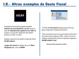 Societats d'inversió de Capital Variable
tributen els seus beneficis a un 1%, quan la
taxa de tributació del capital és d'un 18% de
mitjana i la taxa de rendiment de treball
d'entre un 24% i un 43%.
Capital invertit en les SICAC's finals del 2011:
23.304 milions
L'òrgan de control va deixar de ser el Banc
d'Espanya per a ser la CNMV.
1.6.- Altres exemples de Deute Fiscal
“El 72% del frau fiscal d'aquest país el fan les
grans empreses i les grans fortunes”
“Som conscients que no es pot acabar amb tot el
frau fiscal, pero estem al 23%, i situar-nos en la
mitjana europea del 13% ens suposaria ingressar
38.000 milions l'any”
(Extracte Article Gestha 02-12-2011)
 