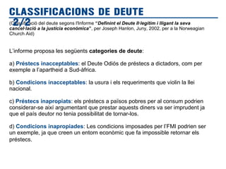 (Classificació del deute segons l'Informe “Definint el Deute Il·legítim i lligant la seva
cancel·lació a la justícia econòmica”, per Joseph Hanlon, Juny, 2002, per a la Norweagian
Church Aid)
L’informe proposa les següents categories de deute:
a) Préstecs inacceptables: el Deute Odiós de préstecs a dictadors, com per
exemple a l’apartheid a Sud-àfrica.
b) Condicions inacceptables: la usura i els requeriments que violin la llei
nacional.
c) Préstecs inapropiats: els préstecs a països pobres per al consum podrien
considerar-se així argumentant que prestar aquests diners va ser imprudent ja
que el país deutor no tenia possibilitat de tornar-los.
d) Condicions inapropiades: Les condicions imposades per l’FMI podrien ser
un exemple, ja que creen un entorn econòmic que fa impossible retornar els
préstecs.
CLASSIFICACIONS DE DEUTE
2/2
 