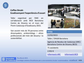 Pla d’Acció 2015
Estratègia catalana d’ecodisseny per a una economia circular i ecoinnovadora - ecodiscat
Coffee Break:
Ec...