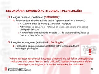 SECUNDÀRIA: DIMENSIÓ ACTITUDINAL (I PLURILINGÜE)
 Llengua catalana i castellana (actitudinal):
 Potenciar determinades actituds davant l’aprenentatge i en la interacció
o A1 Adquirir l’hàbit de lectura […] i valorar l’escriptura
o A2 Implicar-se activament i reflexiva en interaccions orals amb actitud
dialogant i d’escolta
o A3 Manifestar una actitud de respecte […] de la diversitat lingüística de
l’entorn pròxim i d’arreu
 Llengües estrangeres (actitudinal i plurilingüe)
 Potenciar la transferència aprenentatges entre llengües i adquirir
estratègies plurilingües
18
“Atès el caràcter transversal d’aquesta dimensió, no cal definir competències
avaluables sinó posar l’èmfasi en la utilització i aplicació transversal de les
estratègies plurilingües en totes les competències definides.”
 