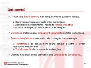Què aporta?
26
 Treball dels àmbits comuns a les llengües des de qualsevol llengua.
 Domini de conceptes generals sobre les llengües
 Adquisició de procediments i hàbits de reflexió lingüística
 Actituds de respecte i valoració cap a les llengües
 Coherència metodològica: enfocament comunicatiu de totes les llengües.
 Selecció i seqüenciació adequada dels continguts d’aprenentatge.
 Transferència de coneixement (d’una llengua a l’altra  evitar
repeticions innecessàries)
 Treball específic de cada una de les llengües.
 Disseny més eficaç de les activitats d’aula (projectes de comunicació).
 