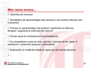Més raons encara…
29
 Optimitza els recursos
 Rendibilitza els aprenentatges dels alumnes (i els nostres esforços com
a docents!)
 Provoca un aprenentatge més profund i significatiu en totes les
llengües i augmenta la motivació de l’alumne
 S’evita caure en contradiccions metodològiques
 Es comparteixen punts de vista, opinions, maneres de fer, idees 
satisfacció i creixement personal i professional
 Esdevenim un model de treball en equip per als nostres alumnes
 ...
 
