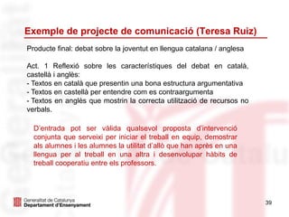39
Exemple de projecte de comunicació (Teresa Ruiz)
Producte final: debat sobre la joventut en llengua catalana / anglesa
Act. 1 Reflexió sobre les característiques del debat en català,
castellà i anglès:
- Textos en català que presentin una bona estructura argumentativa
- Textos en castellà per entendre com es contraargumenta
- Textos en anglès que mostrin la correcta utilització de recursos no
verbals.
D’entrada pot ser vàlida qualsevol proposta d’intervenció
conjunta que serveixi per iniciar el treball en equip, demostrar
als alumnes i les alumnes la utilitat d’allò que han après en una
llengua per al treball en una altra i desenvolupar hàbits de
treball cooperatiu entre els professors.
 