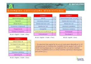 EL BATXILLERAT

Exemples currículums diversificats

        ALUMNE 6                            ALUMNE 8                             ALUMNE 9

     Matemàtiques I-II         1-2            Llatí I-II           1-2   Matemàtiques apl. ccss I-II    1-2

          Física I-II          1-2      Literatura universal        1      Història del món cont.       1

      Dibuix tècnic I           1     Història del món cont.        1         Història de l’art         2

  Economia i empresa II         2         Història de l’art         2       Literatura castellana       2

       Programació              1           Geografia               2       Literatura catalana         1

   Estada a l’empresa           2    Comunicació audiovisual        1           Pedagogia               1

 8 c.d. = 5 p.m. + 1 a.m. + 2 o.c.        Comunicació               2           Psicologia II           2

                                     8 c.d. = 6 p.m. + 1 a.m. + 1 o.c.       8 c.d. = 6 p.m. + 2 o.c.
        ALUMNE 7

     Dibuix artístic I-II      1-2

 Tècniques d’exp. grafic.       1      Els alumnes han optat fer fer-se un currículum diversificat (c.d.)
           Volum                1
                                     composat per 6 matèries de modalitat de les quals 5 són com a
                                     mínim de la pròpia (p.m.) i completant fins a 8 amb matèries
      Història de l’art         2    d’altres modalitats (a.m.) o amb matèries optatives dissenyades
   Literatura catalana          2    pel centre (o.c.)

        Alemany I-II           1-2

 8 c.d. = 5 p.m. + 1 a.m. + 2 o.c.
 