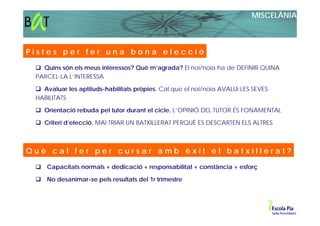 MISCELÀNIA



Pistes per fer una bona elecció

   Quins són els meus interessos? Què m’agrada? El noi/noia ha de DEFINIR QUINA
 PARCEL·LA L’INTERESSA

   Avaluar les aptituds-habilitats pròpies. Cal que el noi/noia AVALUï LES SEVES
 HABILITATS

    Orientació rebuda pel tutor durant el cicle. L’OPINIÓ DEL TUTOR ÉS FONAMENTAL

    Criteri d’elecció. MAI TRIAR UN BATXILLERAT PERQUÈ ES DESCARTEN ELS ALTRES



Què cal fer per cursar amb èxit el batxillerat?

    Capacitats normals + dedicació + responsabilitat + constància + esforç

    No desanimar-se pels resultats del 1r trimestre
 