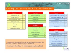 EL BATXILLERAT

Exemples currículums diversificats

           ALUMNE 1                          ALUMNE 2                          ALUMNE 4

        Dibuix artístic I-II   1-2        Matemàtiques I-II      1-2   Matemàtiques apl. ccss I-II   1-2

         Dibuix tècnic I       1              Física I-II        1-2    Economia i empresa I-II      1-2

    Tècniques d’exp. grafic.   1            Química I-II         1-2           Economia              1

        Història de l’art      2             Biologia I-II       1-2     Història del món cont.      1

             Disseny           2                                            Història de l’art        2

             Volum             1             ALUMNE 3                          Geografia             2

      Cultura audiovisual      2          Matemàtiques I-II      1-2

                                              Física I-II        1-2           ALUMNE 5
                                          Dibuix tècnic I-II     1-2             Llatí I-II          1-2
                                            Tecnologia I         1       Història del món cont.      1
                                             Química II          2          Història de l’art        2

                                                                               Geografia             2

                                                                          Literatura catalana        1
 Els alumnes han optat fer fer-se un currículum composat per
matèries que totes són de la pròpia modalitat                             Literatura castellana      2

 8 currículum diversificat = 8 matèries de la pròpia modalitat            Literatura universal       1
 