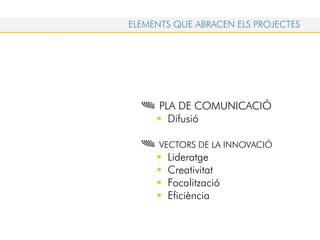 PLA DE COMUNICACIÓ
Difusió
VECTORS DE LA INNOVACIÓ
Lideratge
Creativitat
Focalització
Eficiència
ELEMENTS QUE ABRACEN ELS PROJECTES
 