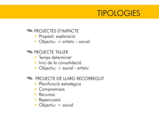 PROJECTES D’IMPACTE
Propòsit: exploració
Objectiu: + artístic – social
PROJECTE TALLER
Temps determinat
Inici de la consolidació
Objectiu: + social - artístic
PROJECTE DE LLARG RECORREGUT
Planificació estratègica
Compromisos
Recursos
Repercussió
Objectiu: + social
TIPOLOGIES
 