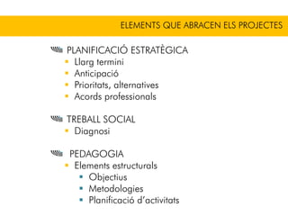 PLANIFICACIÓ ESTRATÈGICA
Llarg termini
Anticipació
Prioritats, alternatives
Acords professionals
TREBALL SOCIAL
Diagnosi
PEDAGOGIA
Elements estructurals
Objectius
Metodologies
Planificació d’activitats
ELEMENTS QUE ABRACEN ELS PROJECTES
 