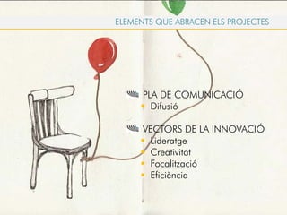 PLA DE COMUNICACIÓ
Difusió
VECTORS DE LA INNOVACIÓ
Lideratge
Creativitat
Focalització
Eficiència
ELEMENTS QUE ABRACEN ELS PROJECTES
 