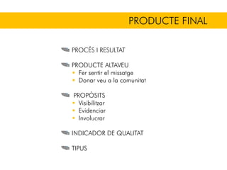 PRODUCTE FINAL
PROCÉS I RESULTAT
PRODUCTE ALTAVEU
Fer sentir el missatge
Donar veu a la comunitat
PROPÒSITS
Visibilitzar
Evidenciar
Involucrar
INDICADOR DE QUALITAT
TIPUS
 