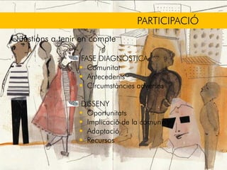 FASE DIAGNÒSTICA
Comunitat
Antecedents
Circumstàncies adverses
DISSENY
Oportunitats
Implicació de la comunitat
Adaptació
Recursos
Qüestions a tenir en compte
PARTICIPACIÓ
 