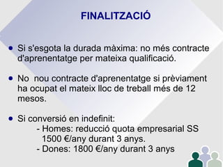 FINALITZACIÓ
● Si s'esgota la durada màxima: no més contracte
d'aprenentatge per mateixa qualificació.
● No nou contracte d'aprenentatge si prèviament
ha ocupat el mateix lloc de treball més de 12
mesos.
● Si conversió en indefinit:
- Homes: reducció quota empresarial SS
1500 €/any durant 3 anys.
- Dones: 1800 €/any durant 3 anys
 