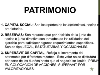 PATRIMONIO
1. CAPITAL SOCIAL: Son los aportes de los accionistas, socios o
propietarios.
2. RESERVAS: Son recursos que por decisión de la junta de
socios o junta directiva son tomados de las utilidades del
ejercicio para satisfacer algunos requerimientos específicos.
Son de tipo LEGAL, ESTATUTARIAS Y OCASIONALES.
3. SUPERÁVIT DE CAPITAL: Refleja el incremento del
patrimonio por diferentes razones. Este valor no se disfrutará
por parte de los dueños hasta que el negocio se liquide. PRIMA
EN COLOCACIÓN DE ACCIONES, SUPERÁVIT POR
VALORIZACIONES.
 