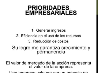 PRIORIDADES
EMPRESARIALES
1. Generar ingresos
2. Eficiencia en el uso de los recursos
3. Reducción de costos
Su logro me garantiza crecimiento y
permanencia
El valor de mercado de la acción representa
el valor de la empresa.
 