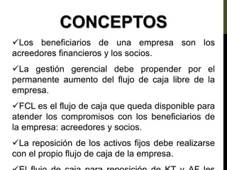 CONCEPTOS
Los beneficiarios de una empresa son los
acreedores financieros y los socios.
La gestión gerencial debe propender por el
permanente aumento del flujo de caja libre de la
empresa.
FCL es el flujo de caja que queda disponible para
atender los compromisos con los beneficiarios de
la empresa: acreedores y socios.
La reposición de los activos fijos debe realizarse
con el propio flujo de caja de la empresa.
 