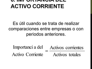 6. IMPORTANCIA DEL
ACTIVO CORRIENTE
Es útil cuando se trata de realizar
comparaciones entre empresas o con
periodos anteriores.
totales
Activos
corrientes
Activos
Corriente
Activo
del
a
Importanci

 