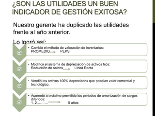 Nuestro gerente ha duplicado las utilidades
frente al año anterior.
Lo logró así:
¿SON LAS UTILIDADES UN BUEN
INDICADOR DE GESTIÓN EXITOSA?

• Cambió el método de valoración de inventarios:
PROMEDIO PEPS

• Modificó el sistema de depreciación de activos fijos:
Reducción de saldos Línea Recta

• Vendió los activos 100% depreciados que poseían valor comercial y
tecnológico.

• Aumentó al máximo permitido los periodos de amortización de cargos
diferidos:
1, 2,……… 5 años
 