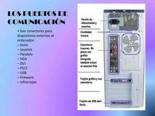 LOS PUERTOS DE
COMUNICACIÓN
  • Son conectores para
  dispositivos externos al
  ordenador:
  – Serie
  – Joystick
  – Paralelo
  – VGA
  – DVI
  – PS/2
  – USB
  – Fireware
  – Infrarrojos
 