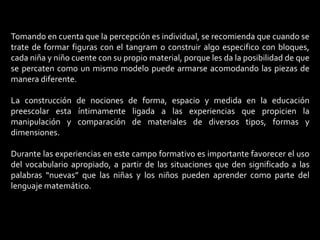 Tomando en cuenta que la percepción es individual, se recomienda que cuando se
trate de formar figuras con el tangram o construir algo especifico con bloques,
cada niña y niño cuente con su propio material, porque les da la posibilidad de que
se percaten como un mismo modelo puede armarse acomodando las piezas de
manera diferente.
La construcción de nociones de forma, espacio y medida en la educación
preescolar esta íntimamente ligada a las experiencias que propicien la
manipulación y comparación de materiales de diversos tipos, formas y
dimensiones.
Durante las experiencias en este campo formativo es importante favorecer el uso
del vocabulario apropiado, a partir de las situaciones que den significado a las
palabras “nuevas” que las niñas y los niños pueden aprender como parte del
lenguaje matemático.
 