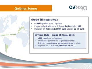 Quiénes	
  Somos	
  


                                             Grupo	
  SII	
  (desde	
  1979):	
  
                                             	
  


                                             §  4.100	
  ingenieros	
  en	
  12	
  países	
  	
  
                                             §  Empresa	
  Co.zada	
  en	
  la	
  Bolsa	
  de	
  París	
  desde	
  1999	
  
                                             §  Ingresos	
  en	
  2011:	
  253,8	
  MM	
  EUR;	
  Equity:	
  53	
  M.	
  EUR	
  

Grupo	
  SII	
  en	
  el	
  mundo	
                 CVTeam	
  Chile	
  –	
  Grupo	
  SII	
  (desde	
  2010):	
  
                                                    	
  



                                                    §     +100	
  ingenieros	
  en	
  San.ago	
  
                                                    §     Trabajando	
  para	
  más	
  de	
  15	
  grandes	
  clientes	
  
                                                    §     Entre	
  las	
  compañías	
  de	
  mayor	
  crecimiento	
  en	
  Chile	
  
                                                    §     Ingresos	
  2011:	
  más	
  de	
  3,2	
  Millones	
  de	
  USD	
  
                                                    	
  
 