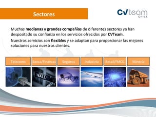 Sectores	
  

Muchas	
  medianas	
  y	
  grandes	
  compañías	
  de	
  diferentes	
  sectores	
  ya	
  han	
  
despositado	
  su	
  conﬁanza	
  en	
  los	
  servicios	
  ofrecidos	
  por	
  CVTeam.	
  
Nuestros	
  servicios	
  son	
  ﬂexibles	
  y	
  se	
  adaptan	
  para	
  proporcionar	
  las	
  mejores	
  
soluciones	
  para	
  nuestros	
  clientes.	
  	
  


Telecoms	
       Banca/Finanzas	
        Seguros	
         Industria	
      Retail/FMCG	
         Minería	
  
 