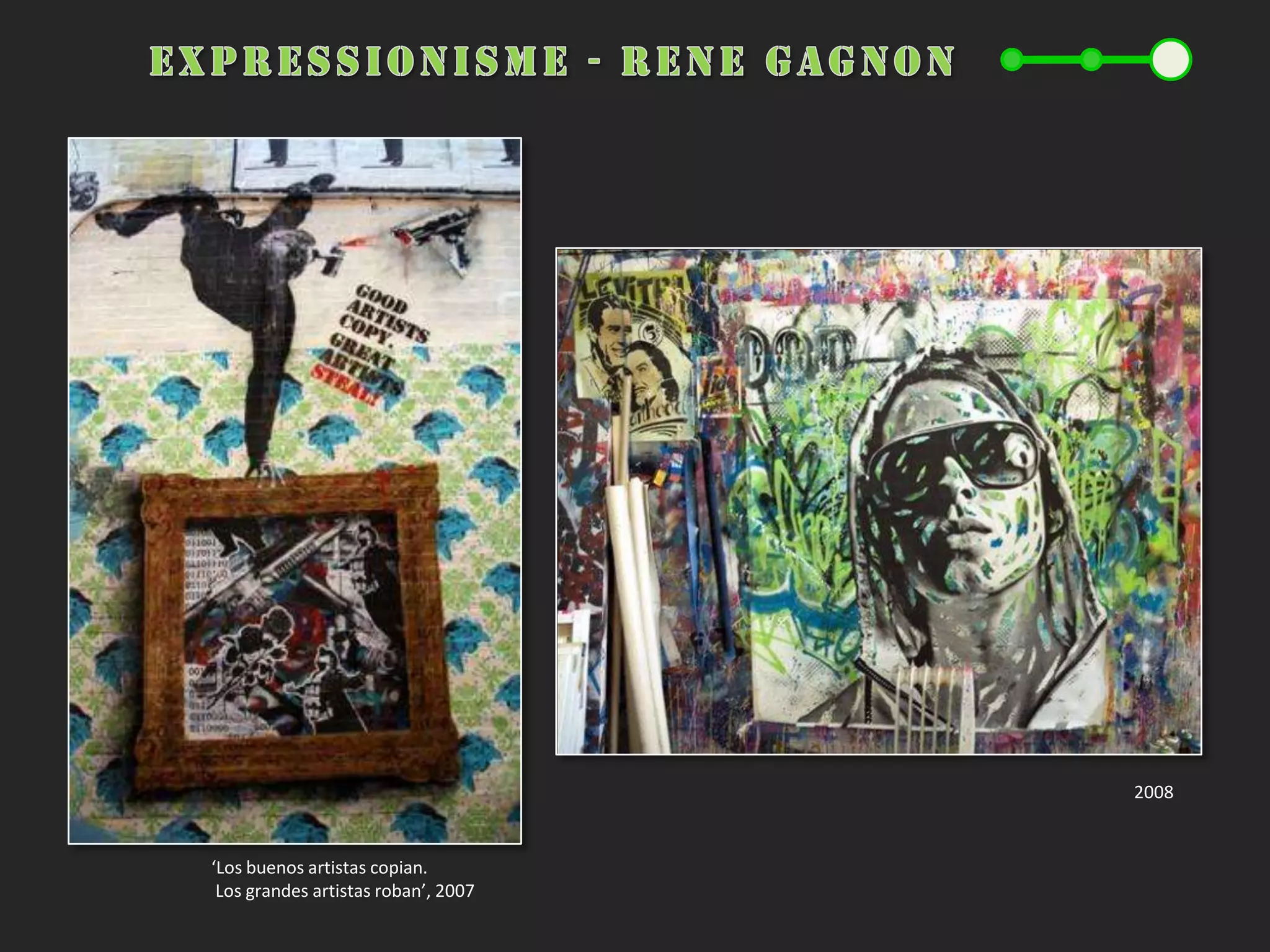 estilsSituació  TAG: majoria d’espais ocupats		Buscar alternatives per destacarSolució: 	evolucionar en la mida dels dissenys i el color de les lletres. Interessos: quantitat de les pintades en les parets 		grans dimensions i qualitat Estils: 	Bomba1. Lletres gruixudes, rodones i relativament senzilles, amb vora i color.  Va 	ser un dels estils més usats arreu del món. Throw up2o vomitats. Peces espontànies i de creació ràpida. Block letters3: disseny simple, de grans dimensions;  facilitat de lectura.Roik3Sotik1Seiconer21, 2 i 3Exemples