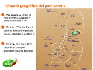 25
Situació geogràfica del parc Astérix
Per carretera: 30 km al
nord de París Autopista A1,
entre les sortides 7 i 8.
En tren: TGV fins París i
després transport organitzat
des del LOUVRE o en RER B.
En avió: Fins París CDG i
després en transport
organitzat (navette del parc)
 