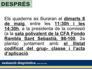 DESPRÉS

Els quaderns es lliuraran el dimarts 8
de maig, entre les 11:30h i les
14:30h, a la presidenta de la comissió
(a la sala polivalent de la CFA Fondo
Rambla Sant Sebastià, 98-100, 2a
planta) juntament amb el llistat
codificat del grup- classe i l’acta
d’aplicació.
 