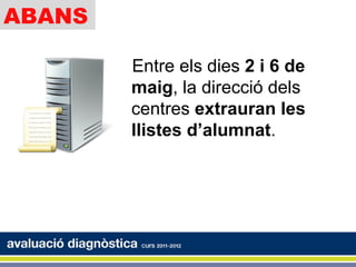 ABANS

        Entre els dies 2 i 6 de
        maig, la direcció dels
        centres extrauran les
        llistes d’alumnat.
 