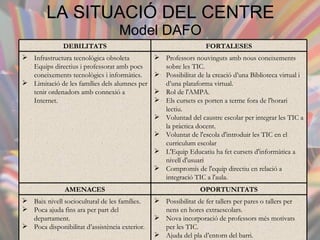 LA SITUACIÓ DEL CENTRE Model DAFO Possibilitat de fer tallers per pares o tallers per nens en hores extraescolars. Nova incorporació de professors més motivats per les TIC.  Ajuda del pla d’entorn del barri.  Baix nivell sociocultural de les famílies.  Poca ajuda fins ara per part del departament.  Poca disponibilitat d’assistència exterior.  OPORTUNITATS AMENACES Professors nouvinguts amb nous coneixements sobre les TIC. Possibilitat de la creació d’una Biblioteca virtual i d’una plataforma virtual. Rol de l'AMPA.  Els cursets es porten a terme fora de l'horari lectiu. Voluntad del caustre escolar per integrar les TIC a la pràctica docent. Voluntat de l'escola d'introduir les TIC en el curriculum escolar L'Equip Educatiu ha fet cursets d'informàtica a nivell d'usuari Compromís de l'equip directiu en relació a integració TIC a l'aula. Infrastructura tecnològica obsoleta Equips directius i professorat amb pocs coneixements tecnològics i informàtics. Limitació de les famílies dels alumnes per tenir ordenadors amb connexió a Internet. FORTALESES DEBILITATS 