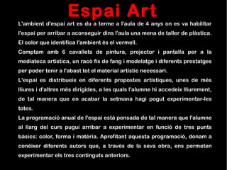 Espai Art
L'ambient d'espai art es du a terme a l'aula de 4 anys on es va habilitar
l'espai per arribar a aconseguir dins l'aula una mena de taller de plàstica.
El color que identifica l'ambient és el vermell.
Comptam amb 6 cavallets de pintura, projector i pantalla per a la
mediateca artística, un racó fix de fang i modelatge i diferents prestatges
per poder tenir a l'abast tot el material artístic necessari.
L'espai es distribueix en diferents propostes artístiques, unes de més
lliures i d'altres més dirigides, a les quals l'alumne hi accedeix lliurement,
de tal manera que en acabar la setmana hagi pogut experimentar-les
totes.
La programació anual de l'espai està pensada de tal manera que l'alumne
al llarg del curs pugui arribar a experimentar en funció de tres punts
bàsics: color, forma i matèria. Aprofitant aquesta programació, donam a
conèixer diferents autors que, a través de la seva obra, ens permeten
experimentar els tres continguts anteriors.
 