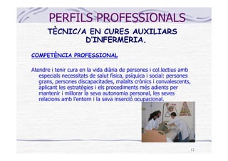 PERFILS PROFESSIONALS
      TÈCNIC/A EN CURES AUXILIARS
              D’INFERMERIA.
COMPETÈNCIA PROFESSIONAL

Atendre i tenir cura en la vida diària de persones i col.lectius amb
   especials necessitats de salut física, psíquica i social: persones
   grans, persones discapacitades, malalts crònics i convalescents,
   aplicant les estratègies i els procediments més adients per
   mantenir i millorar la seva autonomia personal, les seves
   relacions amb l’entorn i la seva inserció ocupacional.




                                                                    12
 
