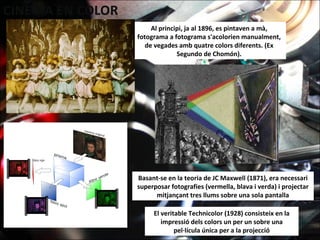 Al principi, ja al 1896, es pintaven a mà,
fotograma a fotograma s'acolorien manualment,
de vegades amb quatre colors diferents. (Ex
Segundo de Chomón).
Basant-se en la teoria de JC Maxwell (1871), era necessari
superposar fotografies (vermella, blava i verda) i projectar
mitjançant tres llums sobre una sola pantalla
El veritable Technicolor (1928) consisteix en la
impressió dels colors un per un sobre una
pel·lícula única per a la projecció
 