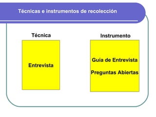 Entrevista Guía de Entrevista Preguntas Abiertas Técnica Instrumento Técnicas e instrumentos de recolección 