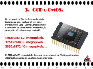 3.- CCD o CMOS.
Són un seguit de files i columnes de píxels.
Cada sensor píxel captura els tres colors
primaris: blau, verd i vermell. Depenent de
la quantitat de píxels alçada x amplada, la
càmera tindrà més o menys resolució:


1280x960: 1,2 megapíxels.
3264x2448: 8 megapíxels.
2592x3872: 10 megapíxels. ...

El CCD o CMOS converteix la llum que passa a través de l'òptica en impulsos
elèctrics i ho guarda en una targeta de memòria.
 