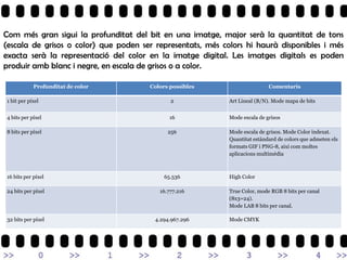 Com més gran sigui la profunditat del bit en una imatge, major serà la quantitat de tons
(escala de grisos o color) que poden ser representats, més colors hi haurà disponibles i més
exacta serà la representació del color en la imatge digital. Les imatges digitals es poden
produir amb blanc i negre, en escala de grisos o a color.

            Profunditat de color       Colors possibles                      Comentaris

1 bit per píxel                               2              Art Lineal (B/N). Mode mapa de bits


4 bits per píxel                              16             Mode escala de grisos

8 bits per píxel                             256             Mode escala de grisos. Mode Color indexat.
                                                             Quantitat estàndard de colors que admeten els
                                                             formats GIF i PNG-8, així com moltes
                                                             aplicacions multimèdia



16 bits per píxel                           65.536           High Color

24 bits per píxel                         16.777.216         True Color, mode RGB 8 bits per canal
                                                             (8x3=24).
                                                             Mode LAB 8 bits per canal.

32 bits per píxel                        4.294.967.296       Mode CMYK
 