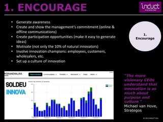 1. ENCOURAGE
 • Generate awareness
 • Create and show the management’s commitment (online &
   offline communications)
                                                                           1.
 • Create participation opportunities (make it easy to generate        Encourage
   ideas)
 • Motivate (not only the 10% of natural innovators)
 • Involve innovation champions: employees, customers,
   wholesalers, etc.
 • Set up a culture of innovation


                                                                  “The more
                                                                  visionary CEOs
                                                                  understand that
                                                                  innovation is as
                                                                  much about
                                                                  purpose and
                                                                  culture.”
                                                                  Michael van Hove,
                                                                  Strategos
                                                                           © 2013 INDUCT SEA
 