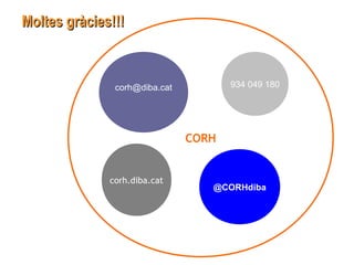 Moltes gràcies!!!Moltes gràcies!!!
CORH
corh@diba.cat
@CORHdiba
934 049 180
corh.diba.cat
 