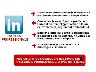 Plataforma professional  identificació
                     de l’àmbit professional i competència

                     Contactes  relació entre perfils amb
                     finalitat comercial (proposta de feina,
                     convocatòries, seguiment activitats…)

                     Similar a Bing però amb la possibilitat
   XARXES            de captar usuaris externs, no vinculats
PROFESSIONALS        directament amb l’empresa

                     Actualització setmanal  1 ó 2
                     missatges / setmana



       Més de la ½ de treballadors espanyols fan
                                                    !
       intercanvis professionals a través de la xarxa
 