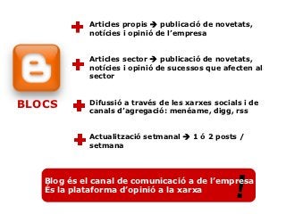 Articles propis  publicació de novetats,
            notícies i opinió de l’empresa


            Articles sector  publicació de novetats,
            notícies i opinió de sucessos que afecten al
            sector



BLOCS       Difussió a través de les xarxes socials i de
            canals d’agregació: menéame, digg, rss


            Actualització setmanal  1 ó 2 posts /
            setmana



   Blog és el canal de comunicació a de l’empresa
   És la plataforma d’opinió a la xarxa          !
 